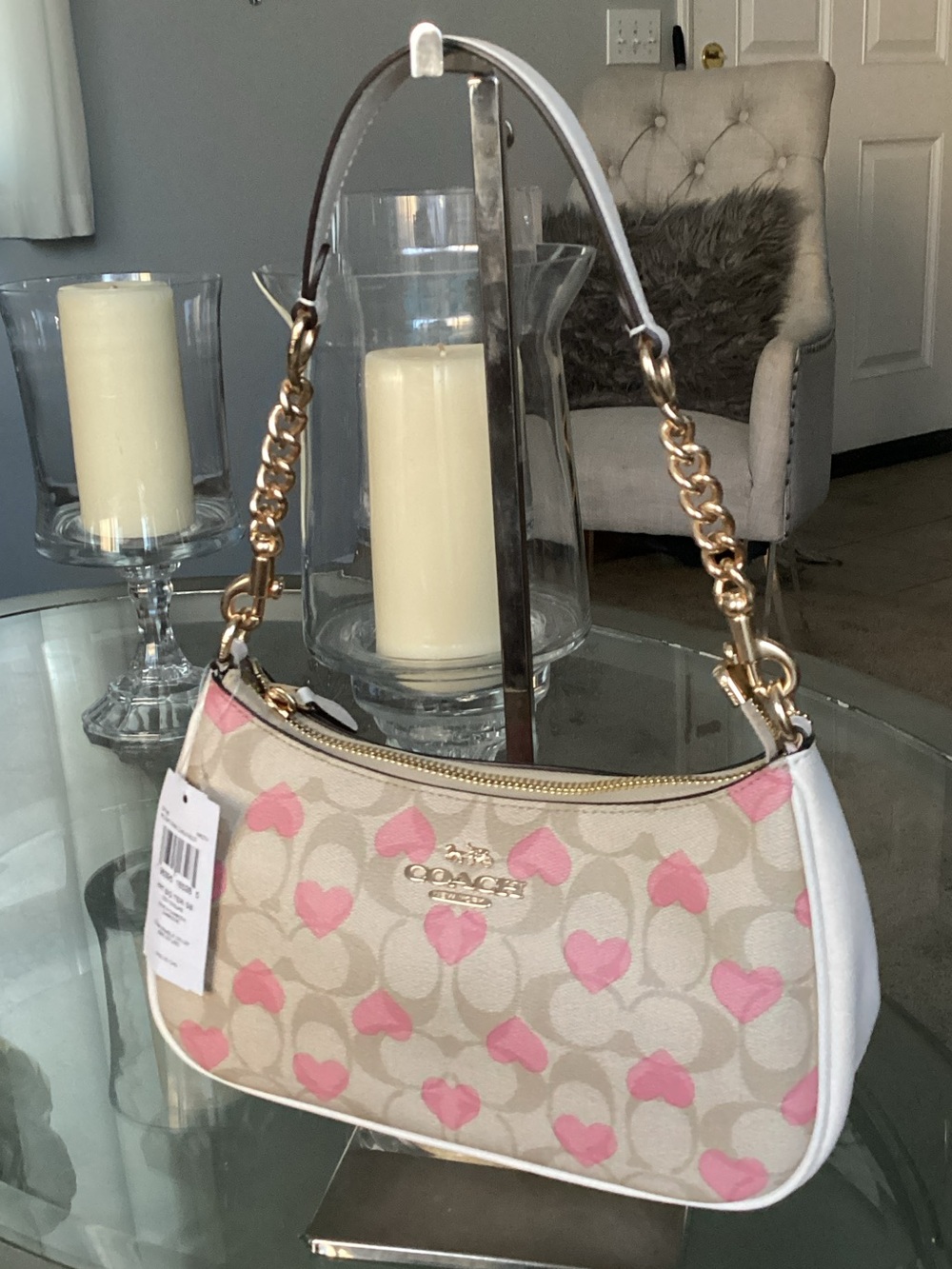 Coach Beige Signature Canvas Shoulder Bag with Pink Hearts & Gold Chain